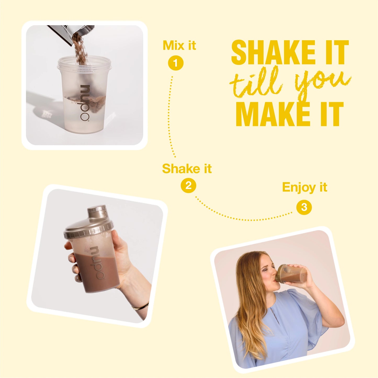 Image showing how to prepare a shake: mix, shake, and enjoy with Nupo products.