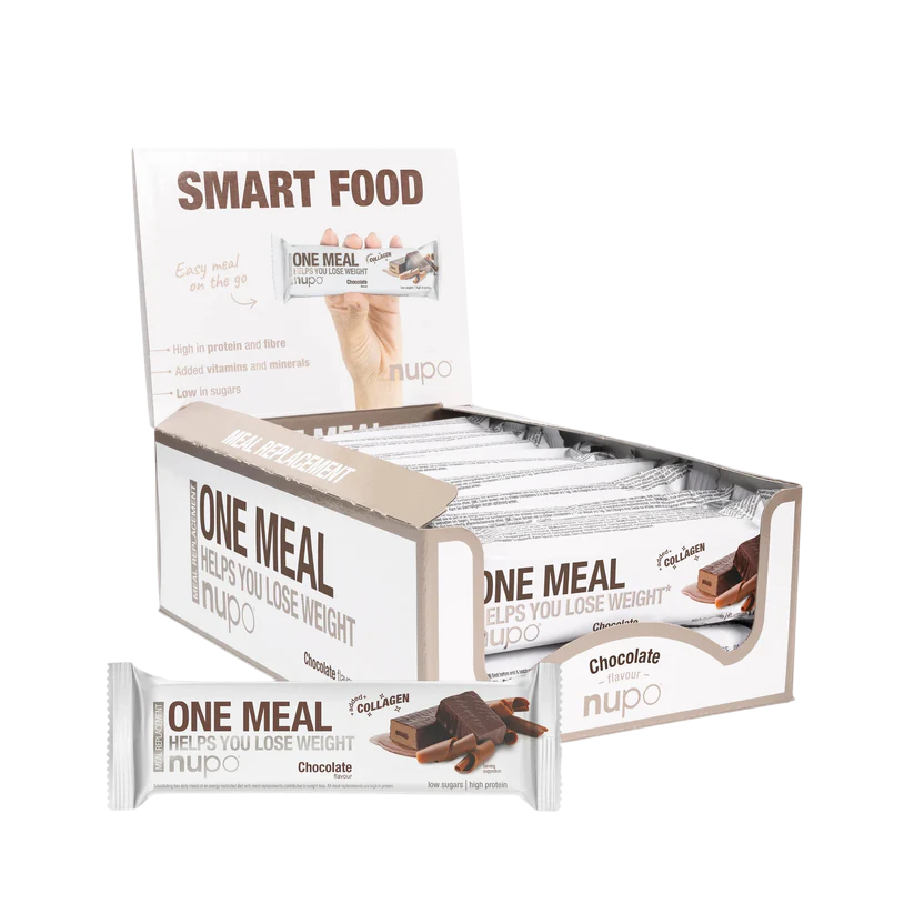 Box of Nupo One Meal bars with a single bar displayed in front on a white background