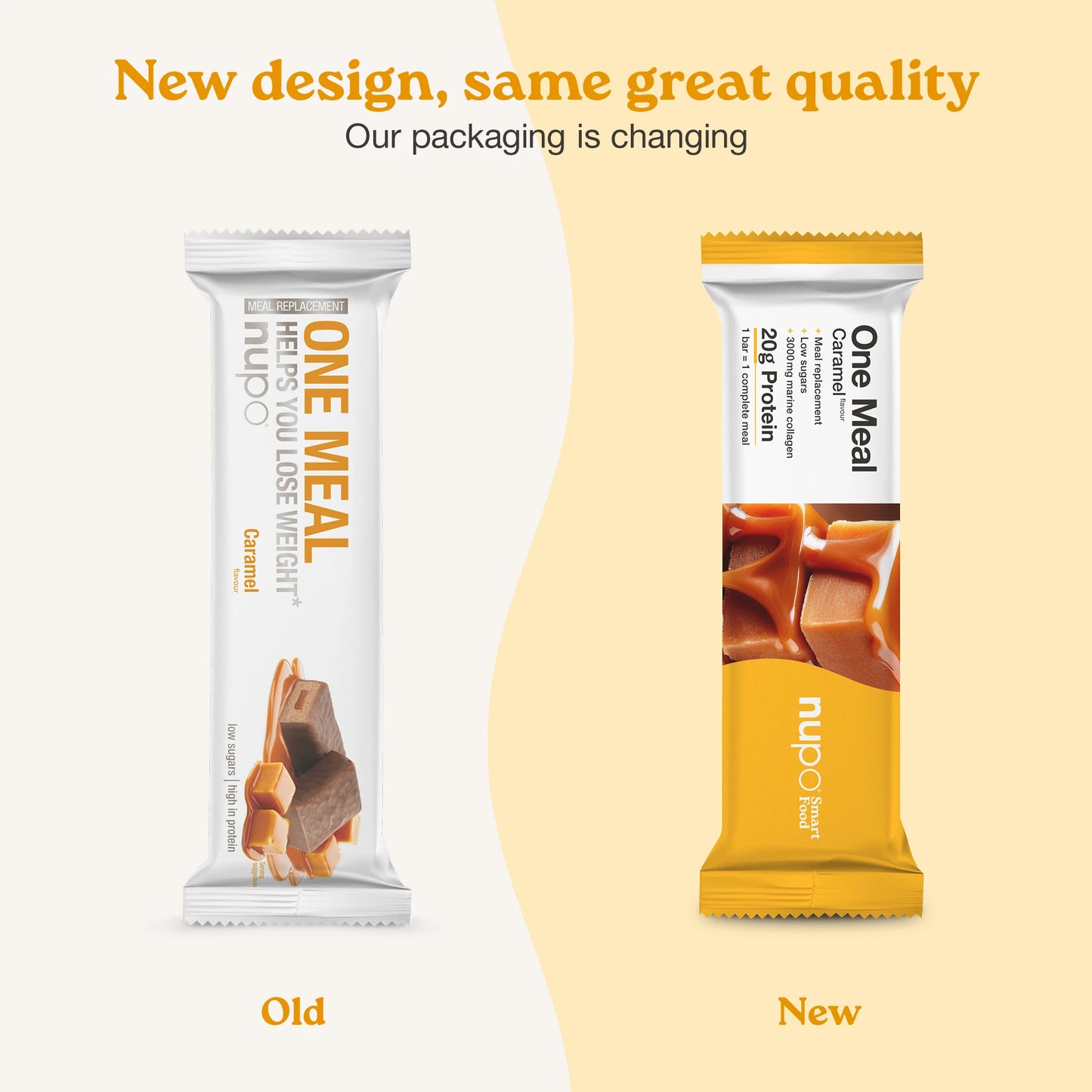 Nupo One Meal Bar Caramel infographic with new & old design