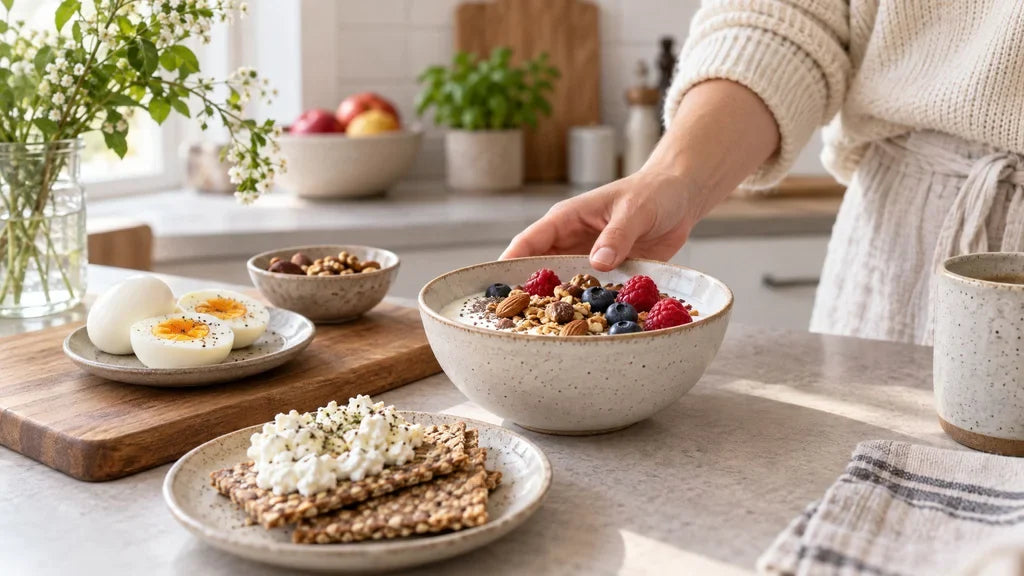 (AI-generated image) Bowl of yoghurt with nuts and berries on a bright kitchen counter, a hand reaching in