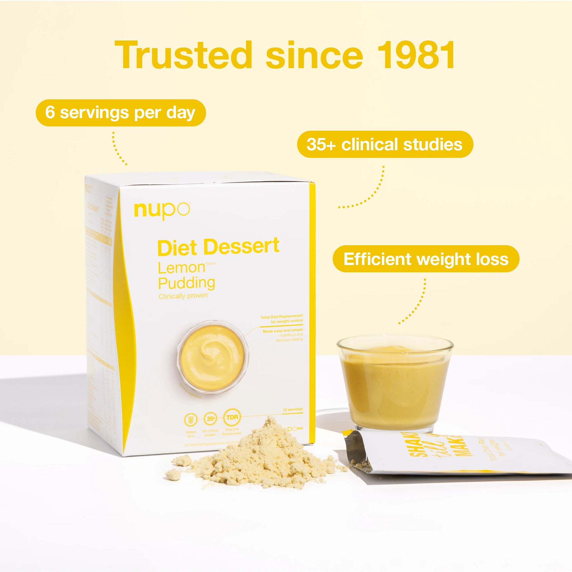 Nupo Diet Dessert Lemon Pudding box and serving showcasing creamy texture for weight loss.