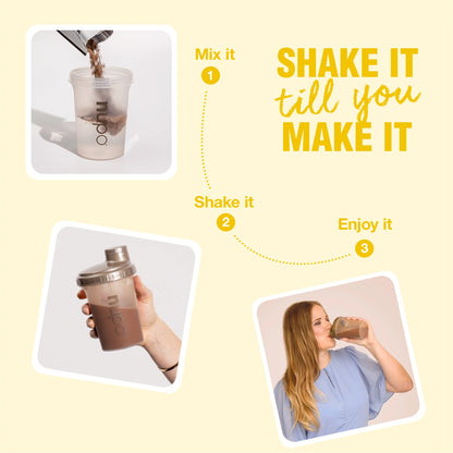 Image showing how to prepare a shake: mix, shake, and enjoy with Nupo products.