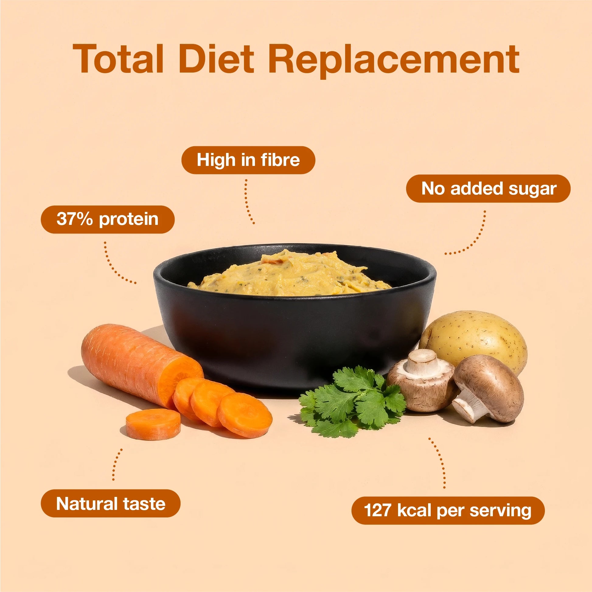 Spiced Mash in a bowl with vegetables, showcasing Total Diet Replacement features like high fibre and low calories.