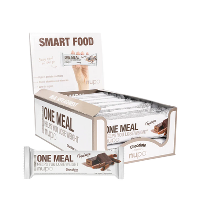 Box of Nupo One Meal bars with a single bar displayed in front on a white background