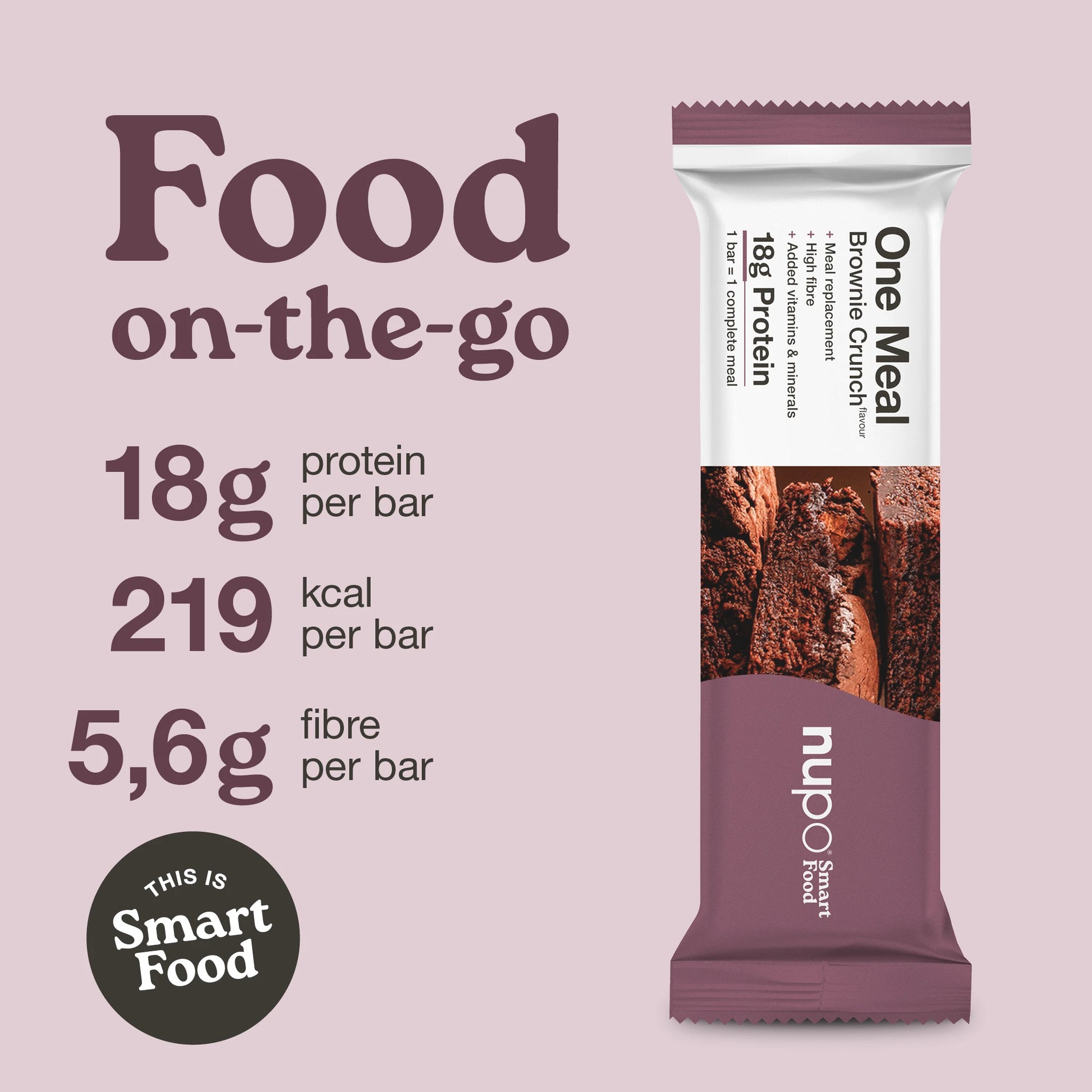 Nupo One Meal Bar Brownie Crunch infographic with protein fiber