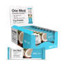 One Meal Coconut Crunch protein bars box with coconut image and nutritional information.