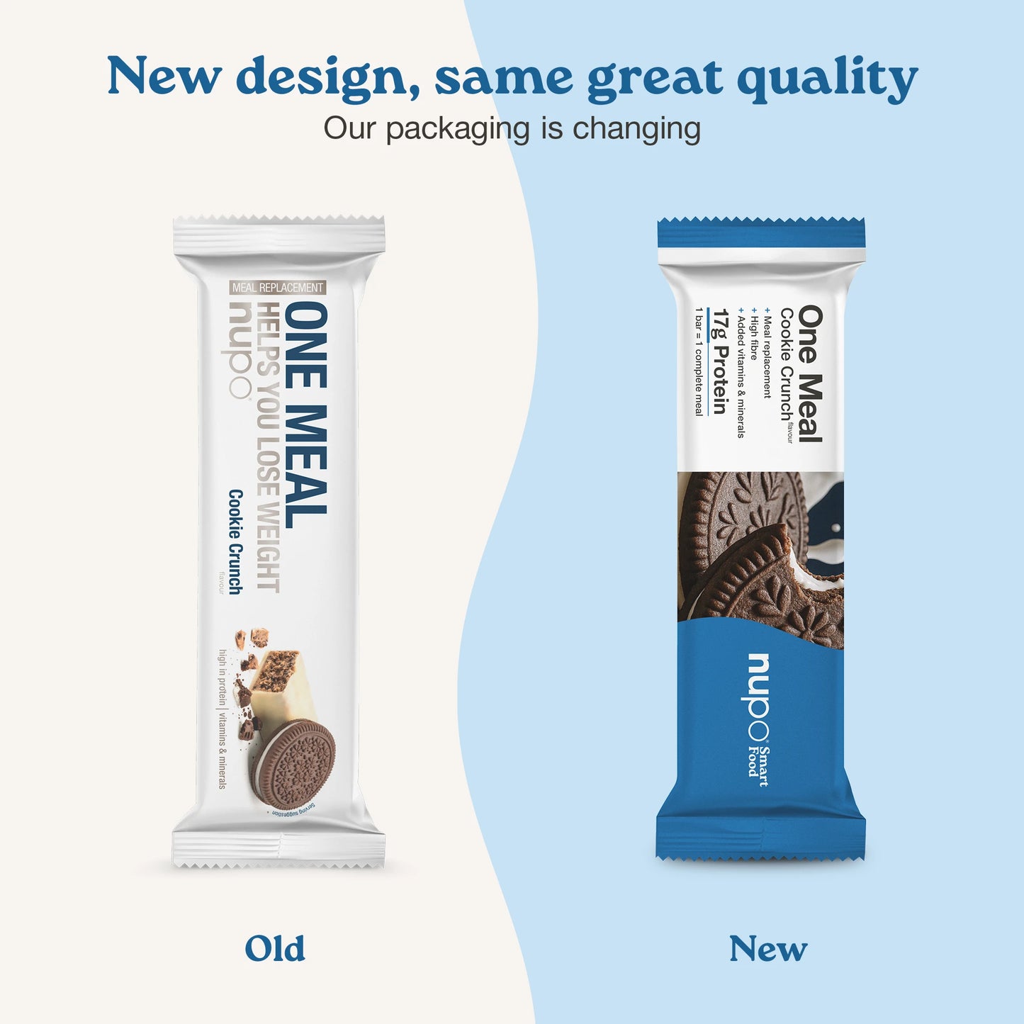 Nupo One Meal Cookie Crunch old and new packaging design – same great taste, new look