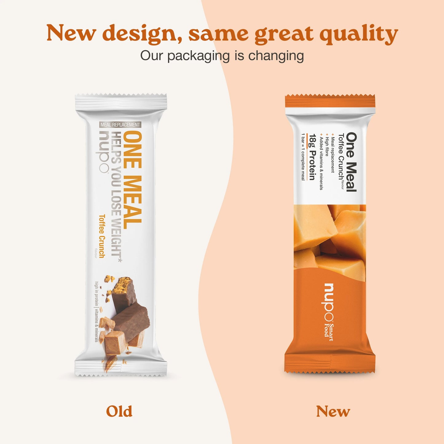 Nupo One Meal Toffee Crunch old and new packaging design – same taste, refreshed packaging