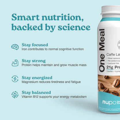 Nupo One Meal RTD Caffe Latte nutritional highlights on packaging