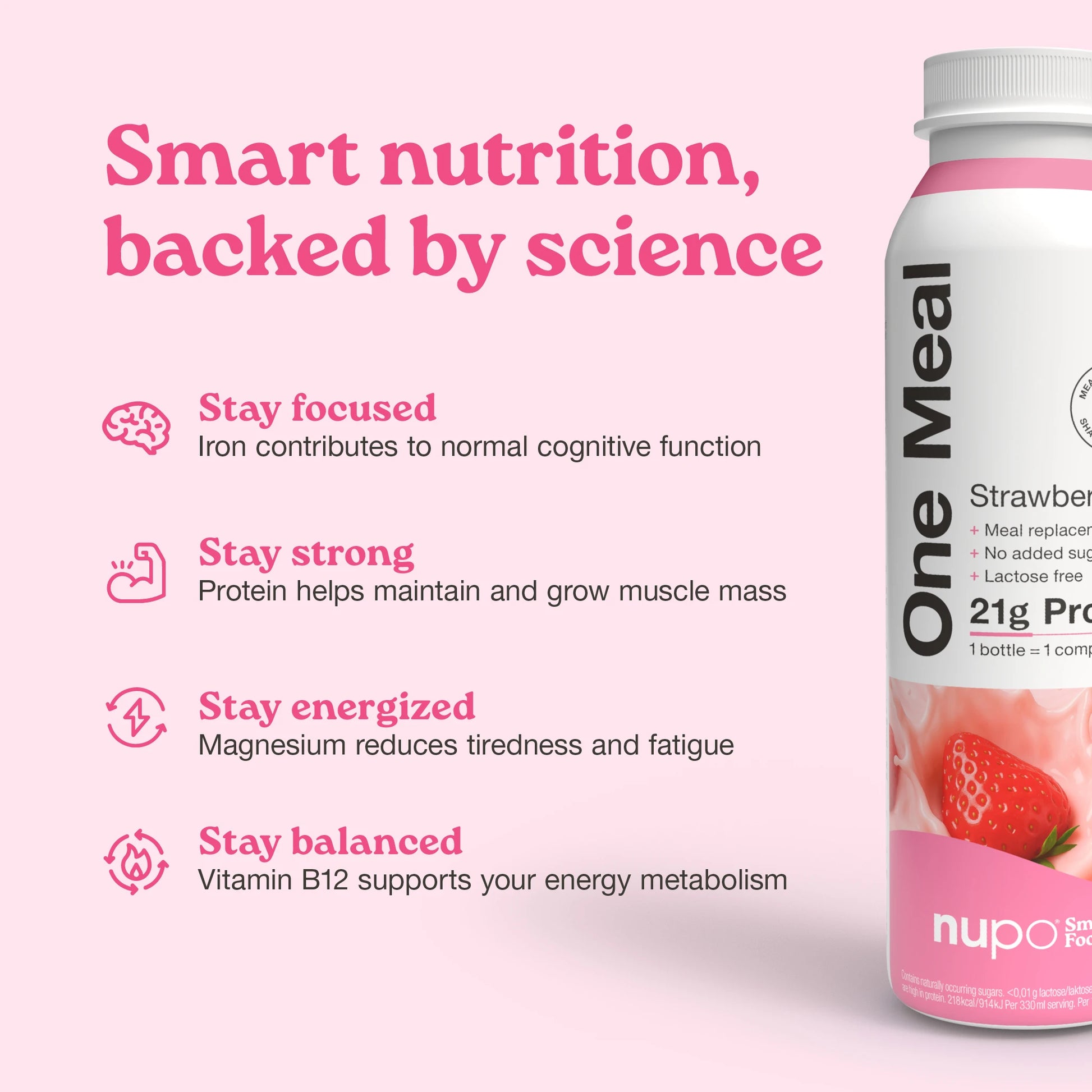 Nupo One Meal RTD Strawberry nutritional highlights on packaging